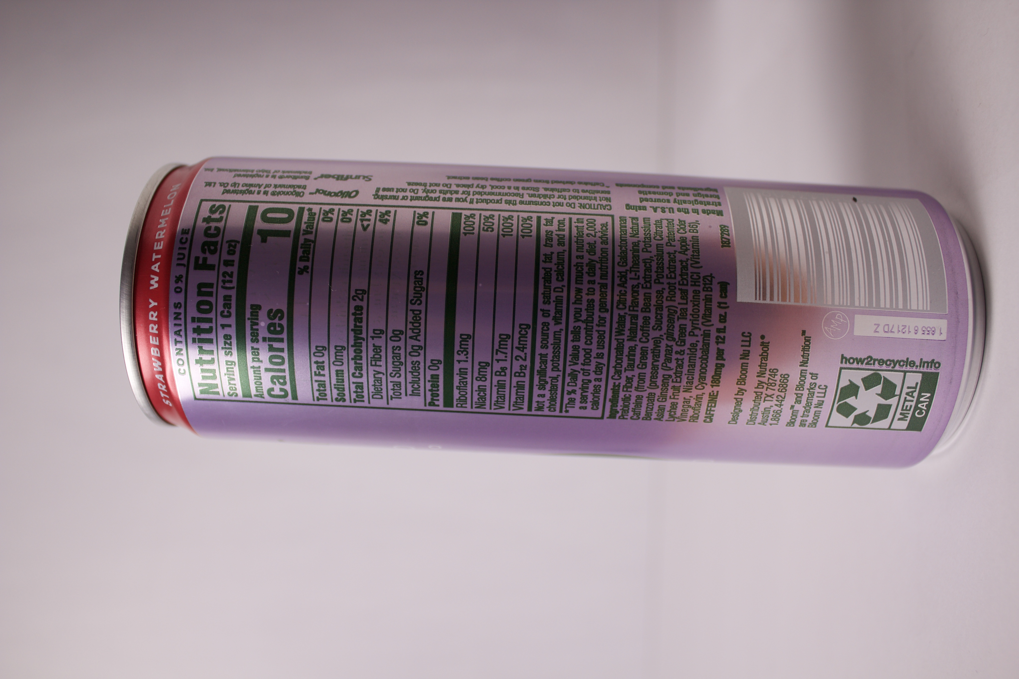 Nutrition label for Bloom Sparkling Energy Strawberry Watermelon