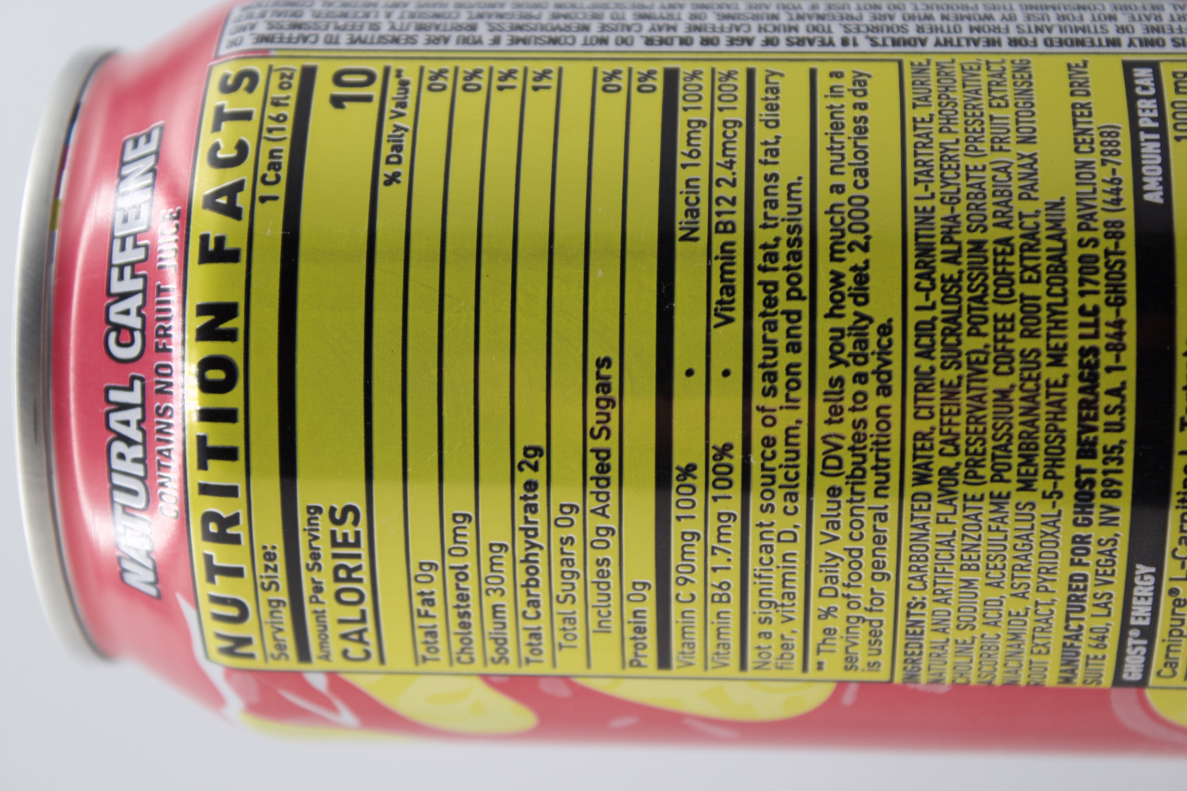 Nutrition label for Ghost Energy Drink Bubblicious