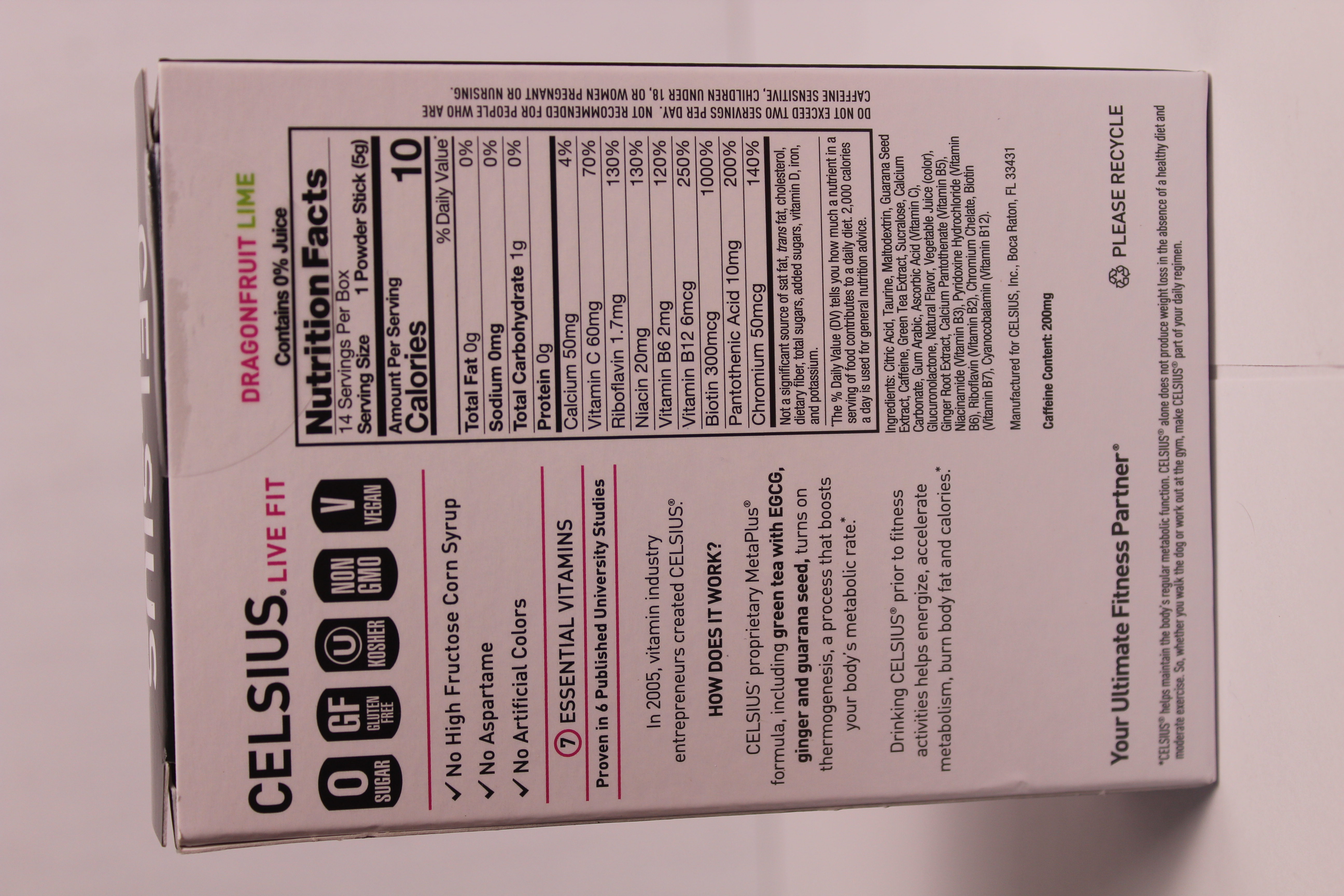 Nutrition label for Celsius Essential Energy Dragonfruit Lime