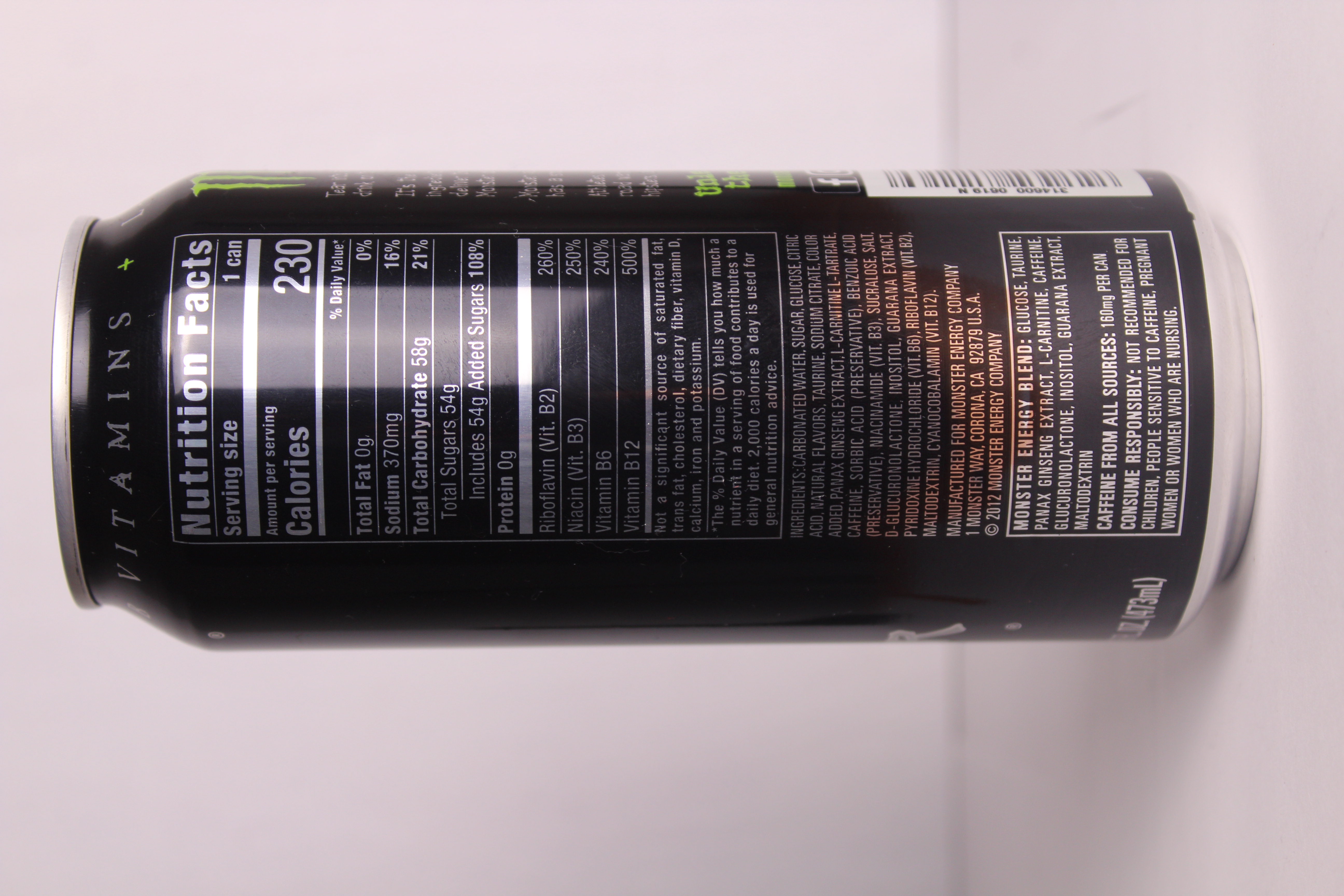 Nutrition label for Monster Energy