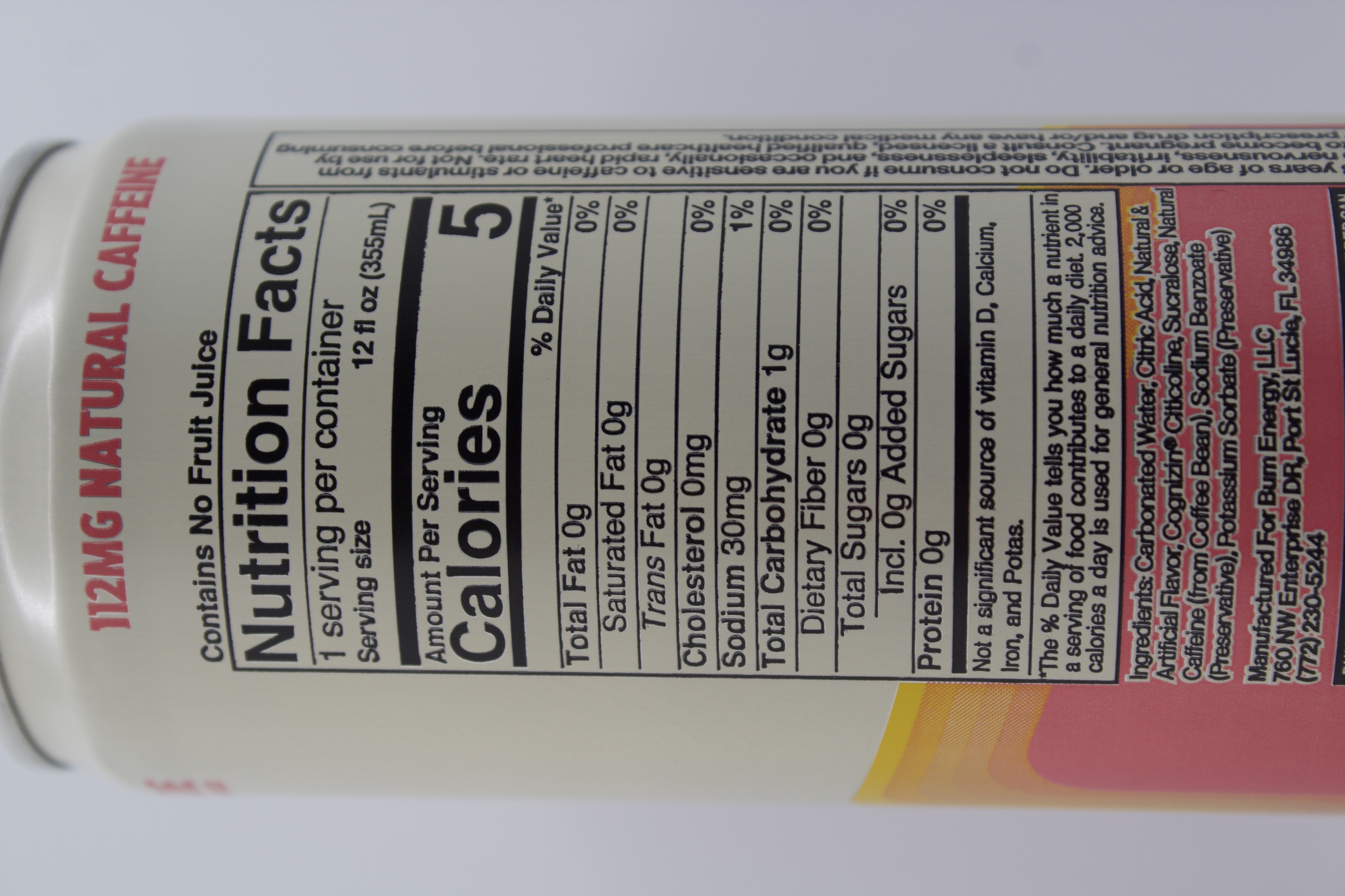 Nutrition label for Bum Energy Pink Lemonade