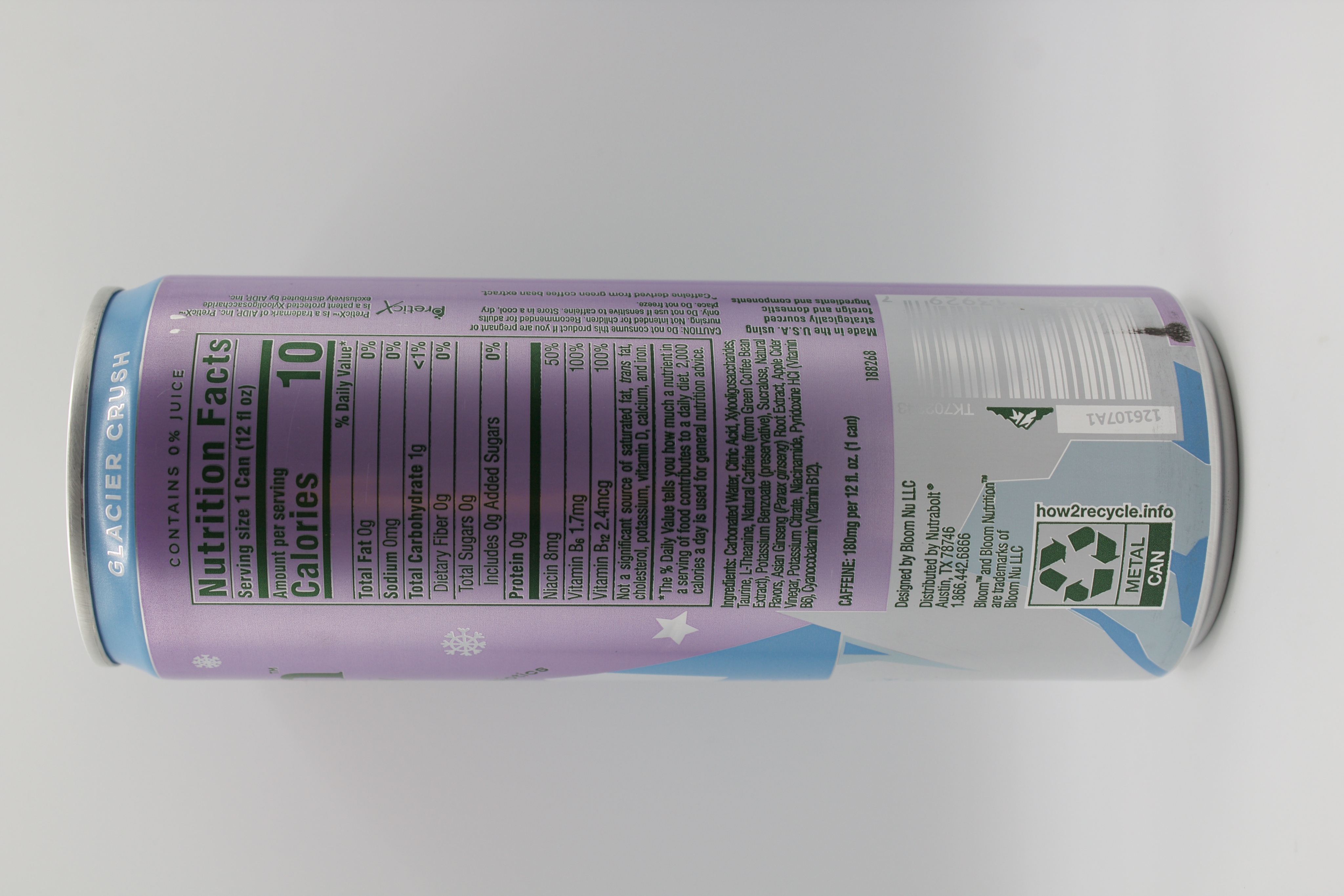 Nutrition label for Bloom Sparkling Energy Glacier Crush