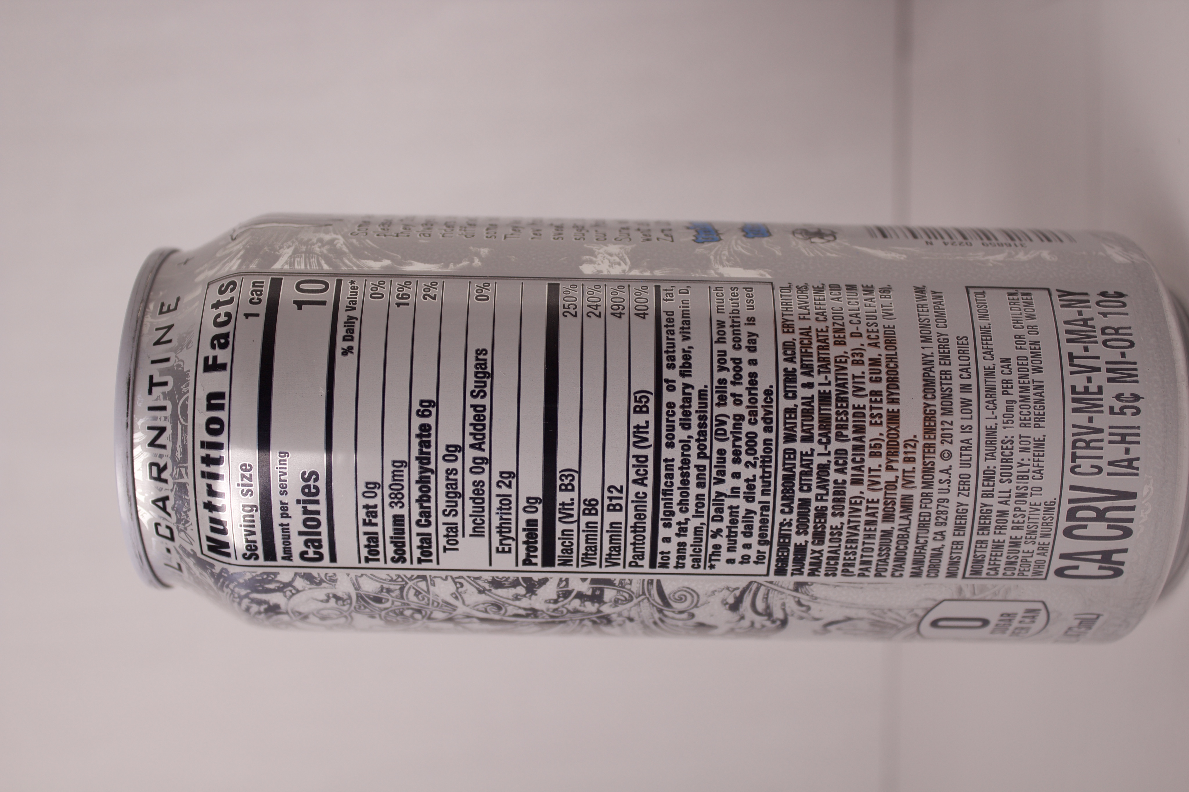 Nutrition label for Monster Zero Ultra (United States)